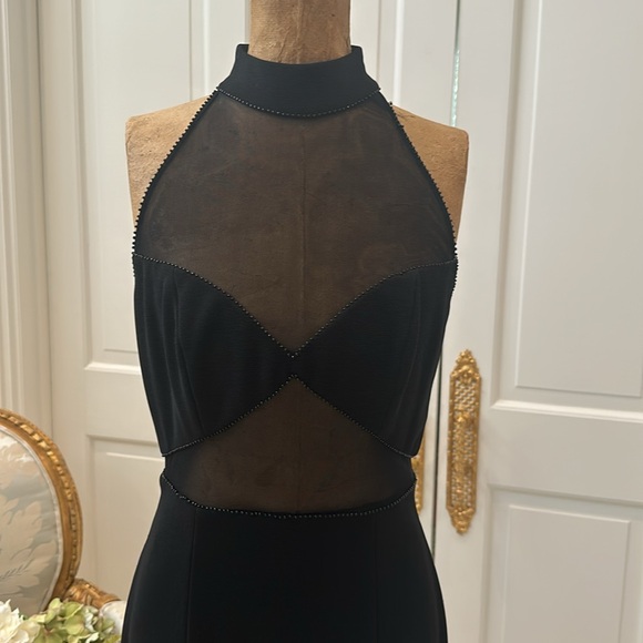 Black knit long formal gown, size 4. Peekaboo inserts, halter. - Picture 2 of 9